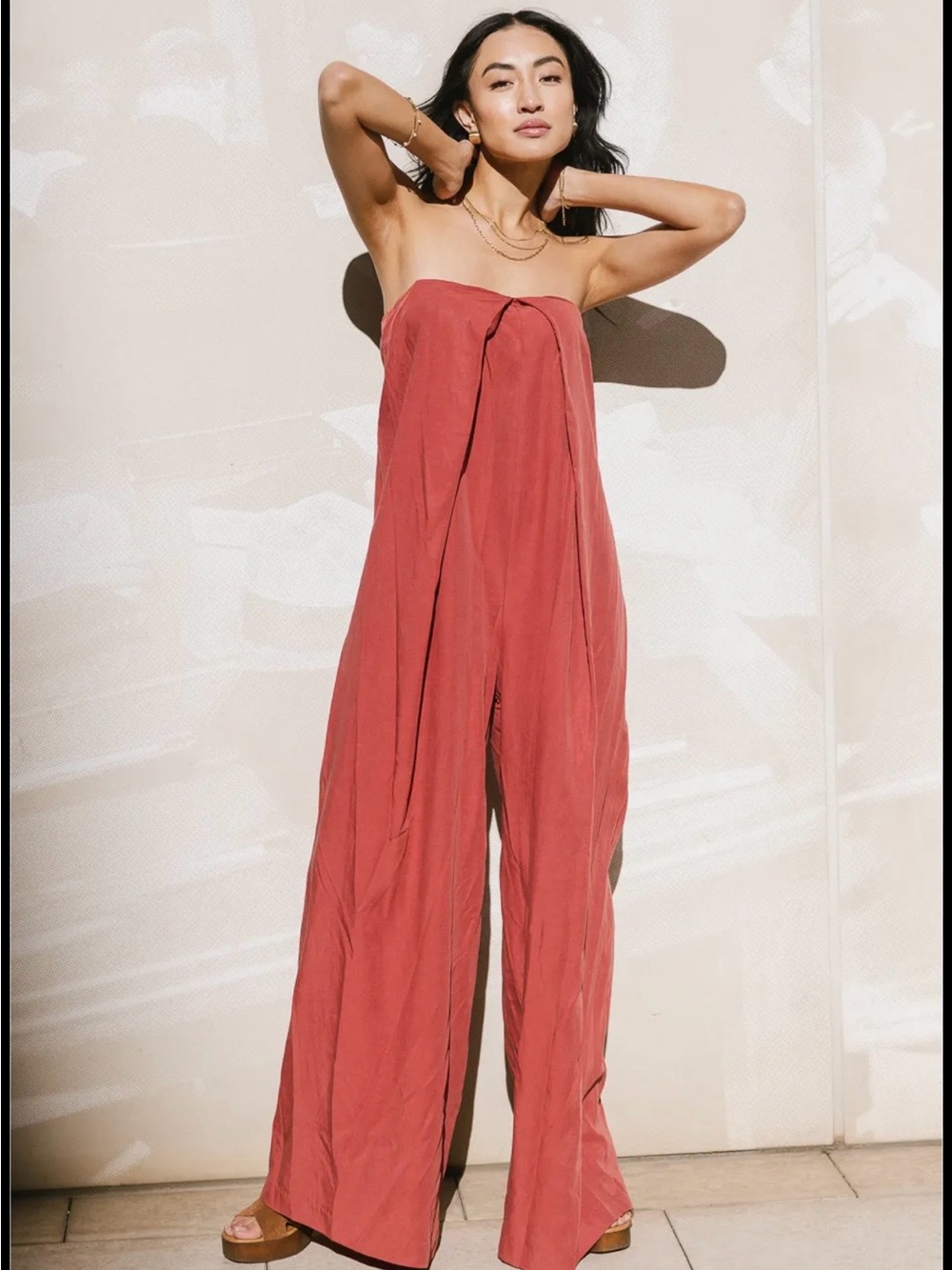 Böhme Maja Bandeau Jumpsuit Terracotta Tencel Linen Wide Leg Size Large
